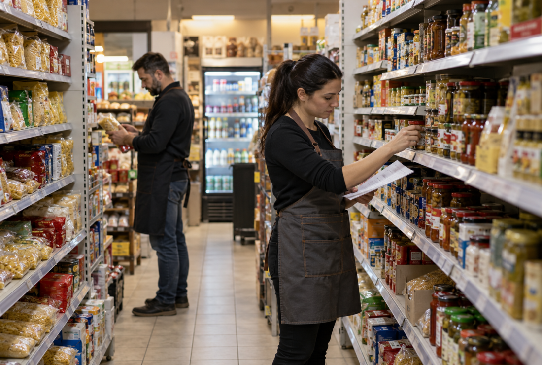 Două persoane numără produsele de pe rafturile unui magazin