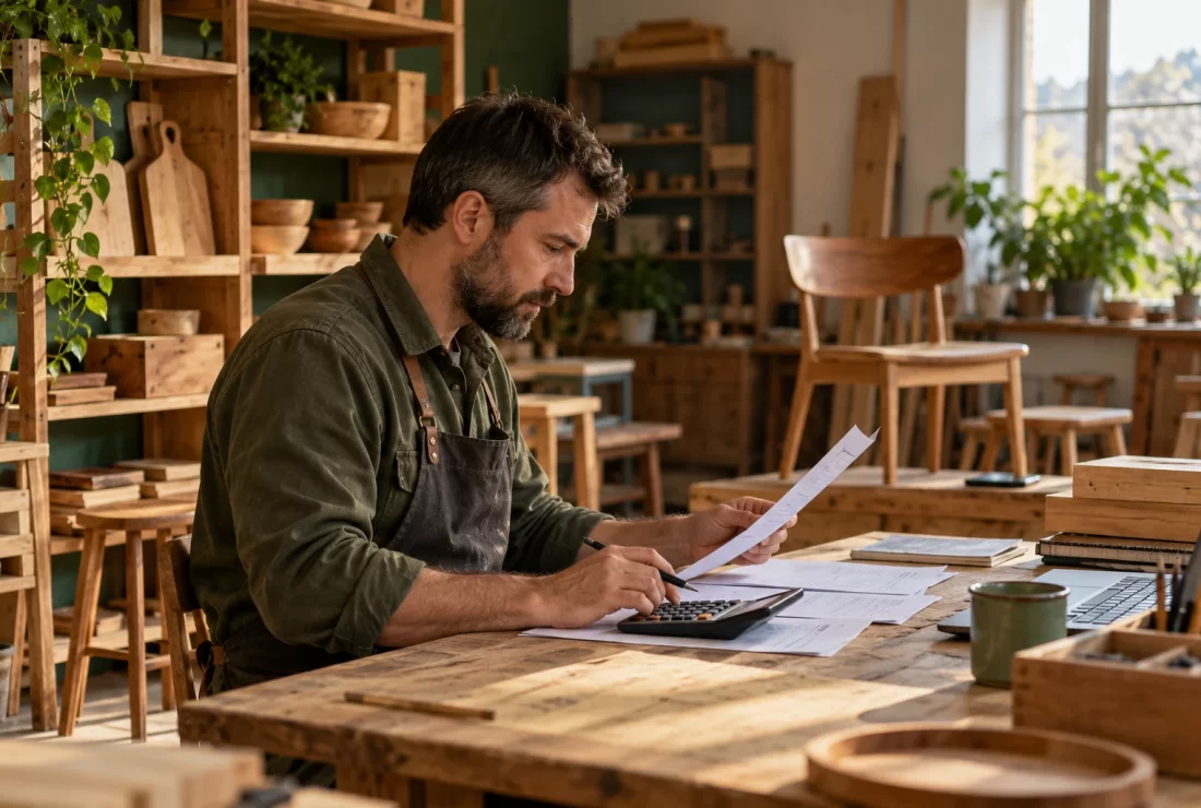 Antreprenor verificând facturi și calcule într-un atelier de mobilier