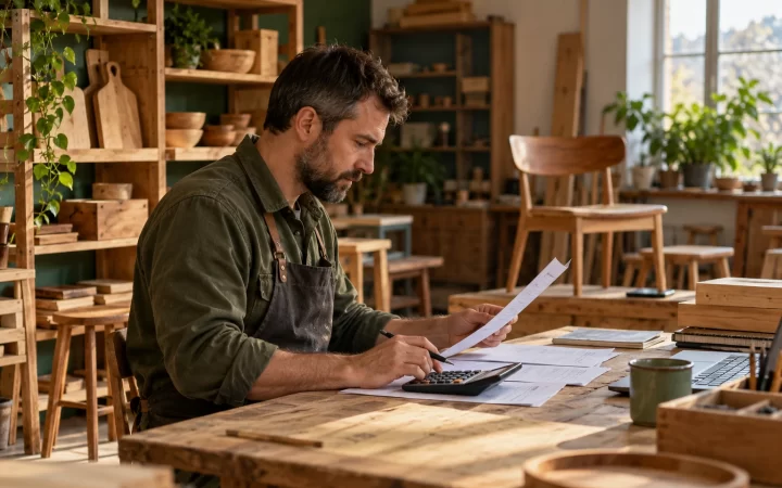 Antreprenor verificând facturi și calcule într-un atelier de mobilier