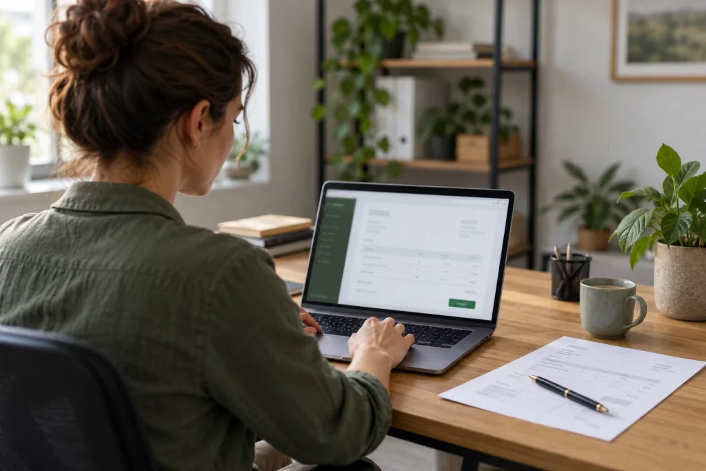 Antreprenoare lucrând la o factură electronică pe laptop