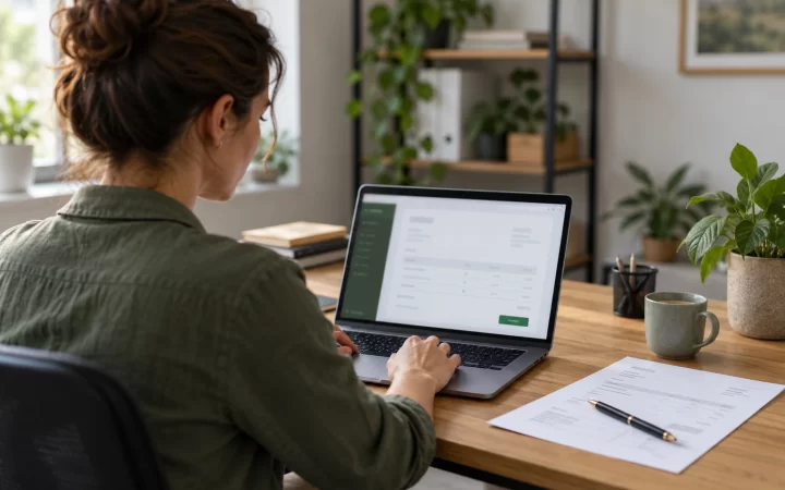 Antreprenoare lucrând la o factură electronică pe laptop